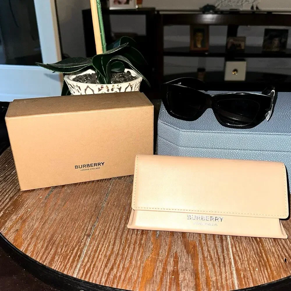 Burberry Inlaid Check Cat-eye Sunglasses Black New Gold Accents